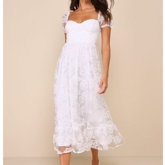 Lulus Notable Elegance White Mesh Floral Applique Bustier Midi Dress Size M - Picture 1 of 7